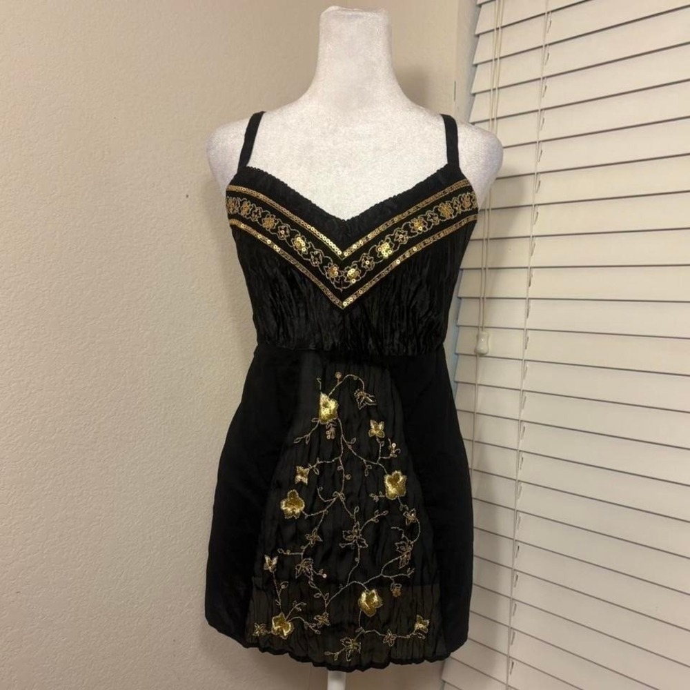 Y2K fairycore black gold floral embroidered satin pleated sequin cami Venezia 18
